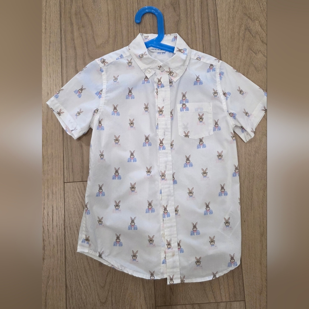 Janie and Jack White Button-Down Shirt with Bunny Face Print